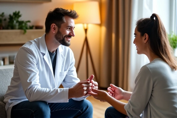 Nutrizionista che interagisce con un cliente in un ambiente accogliente, mostrando empatia e professionalità.