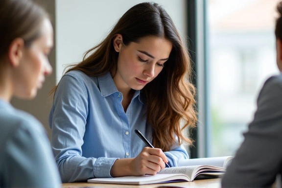 Persona che studia libri di nutrizione o partecipa a un seminario, trasmettendo professionalità e apprendimento continuo.