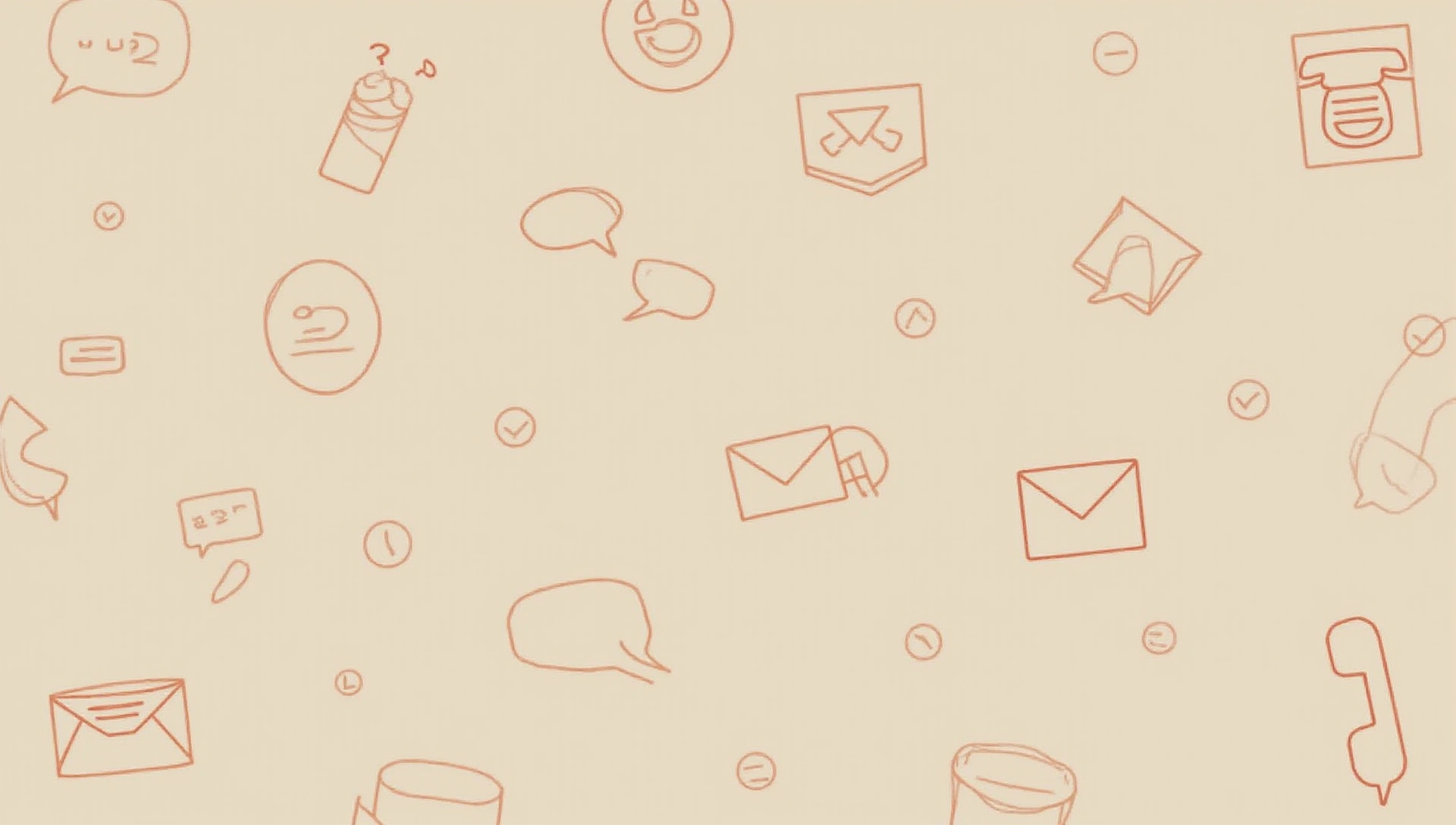 Immagine astratta con icone di comunicazione come buste, telefoni e bolle di chat, integrate in un design morbido e naturale con colori terrosi, senza testo.