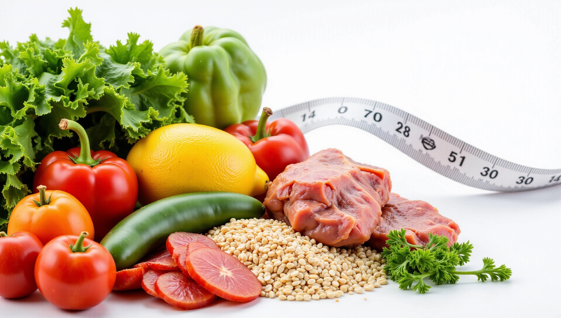 Immagine di sfondo con alimenti sani e bilancia